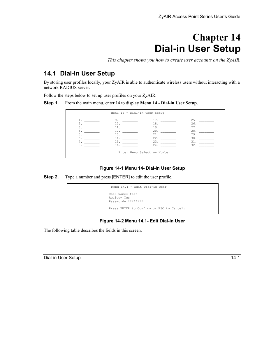 Dial-in user setup, Chapter 14 dial-in user setup, 1 dial-in user setup | ZyXEL Communications ZyXEL ZyAIR B-1000 User Manual | Page 137 / 231