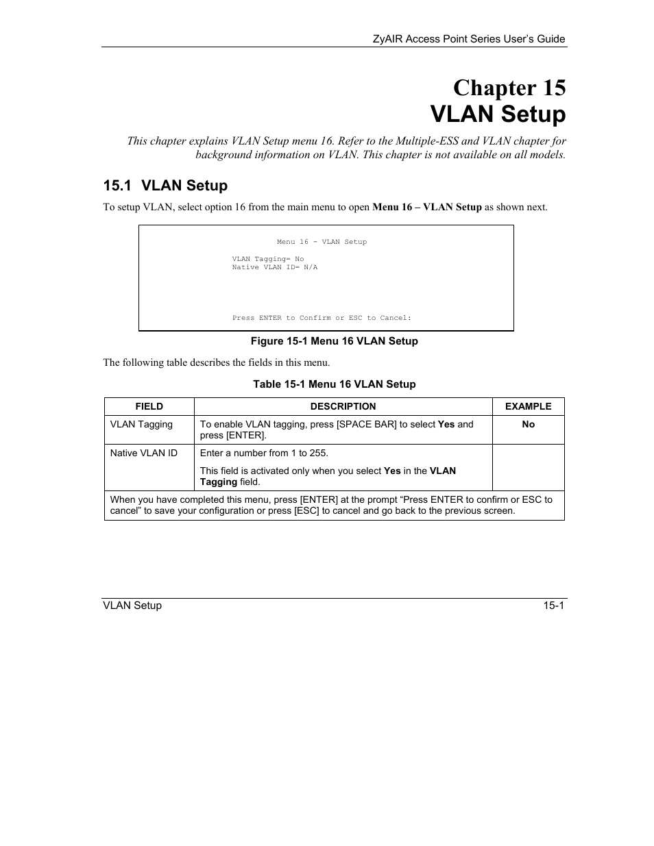 Vlan setup, Chapter 15 vlan setup, 1 vlan setup | ZyXEL Communications ZyXEL ZyAIR B-1000 User Manual | Page 139 / 231