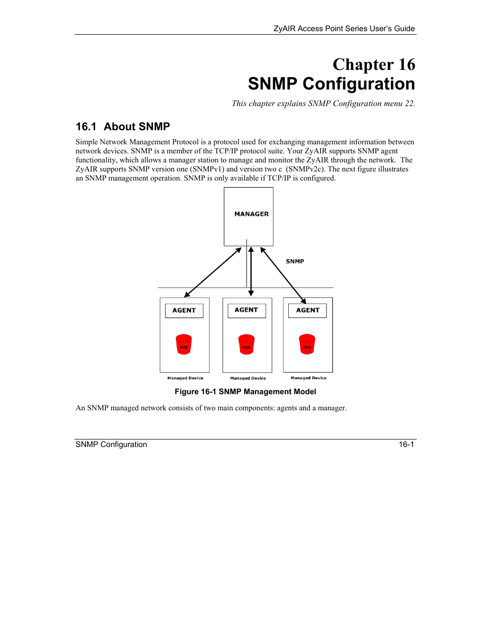 Snmp configuration, About snmp, Chapter 16 snmp configuration | ZyXEL Communications ZyXEL ZyAIR B-1000 User Manual | Page 141 / 231