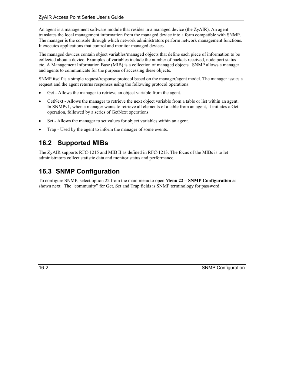 Supported mibs, Snmp configuration, 2 supported mibs | 3 snmp configuration | ZyXEL Communications ZyXEL ZyAIR B-1000 User Manual | Page 142 / 231