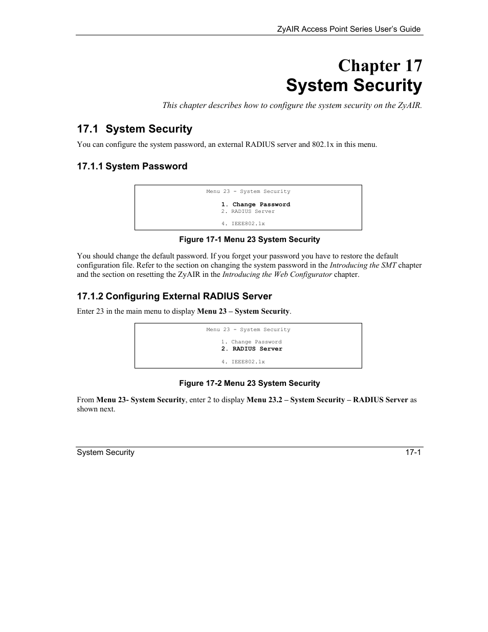 System security, Chapter 17 system security, 1 system security | ZyXEL Communications ZyXEL ZyAIR B-1000 User Manual | Page 145 / 231