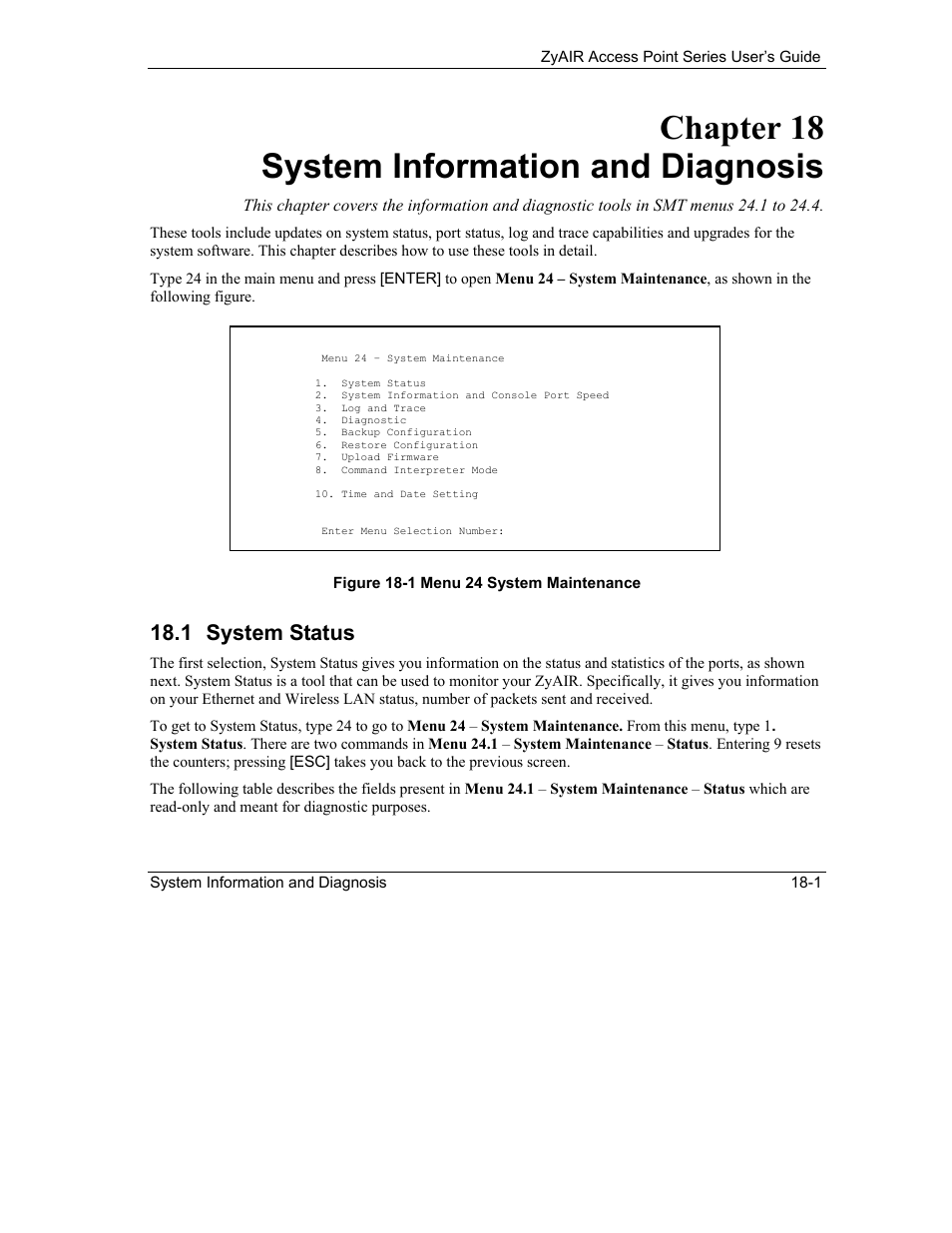 System information and diagnosis, System status, Chapter 18 system information and diagnosis | 1 system status | ZyXEL Communications ZyXEL ZyAIR B-1000 User Manual | Page 151 / 231