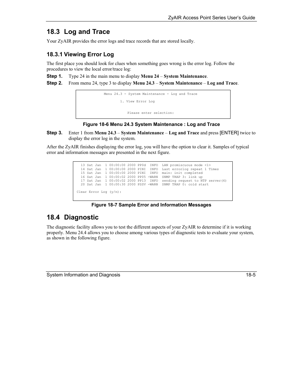 Log and trace, Diagnostic, 3 log and trace | 4 diagnostic, 1 viewing error log | ZyXEL Communications ZyXEL ZyAIR B-1000 User Manual | Page 155 / 231