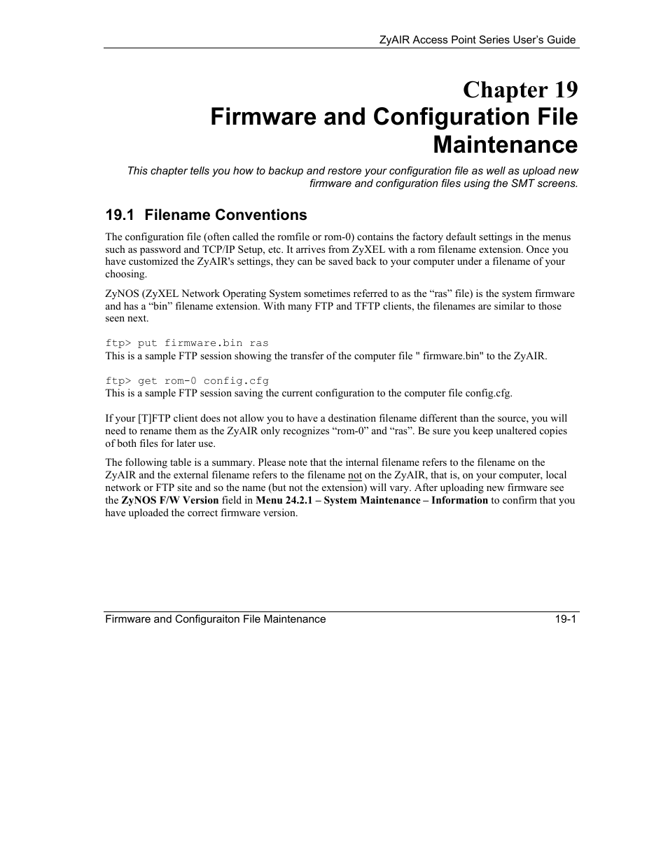 Firmware and configuration file maintenance, Filename conventions | ZyXEL Communications ZyXEL ZyAIR B-1000 User Manual | Page 157 / 231