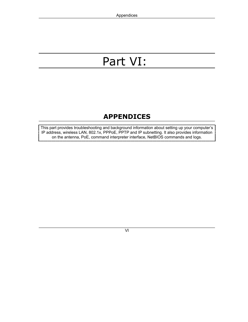 Part vi appendices, Part vi | ZyXEL Communications ZyXEL ZyAIR B-1000 User Manual | Page 171 / 231