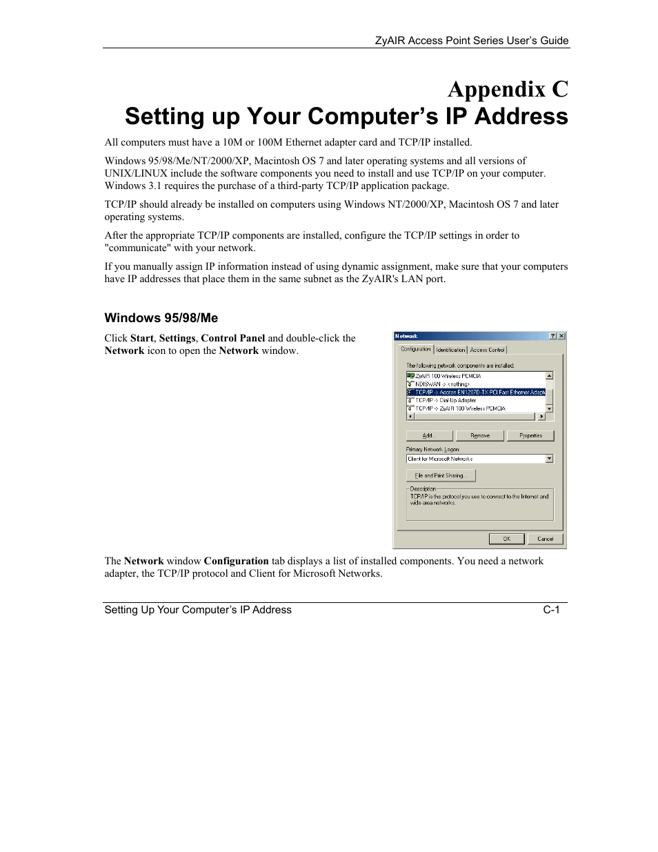 C. setting up your computer’s ip address, Windows 95/98/me, Appendix c setting up your computer’s ip address | ZyXEL Communications ZyXEL ZyAIR B-1000 User Manual | Page 179 / 231