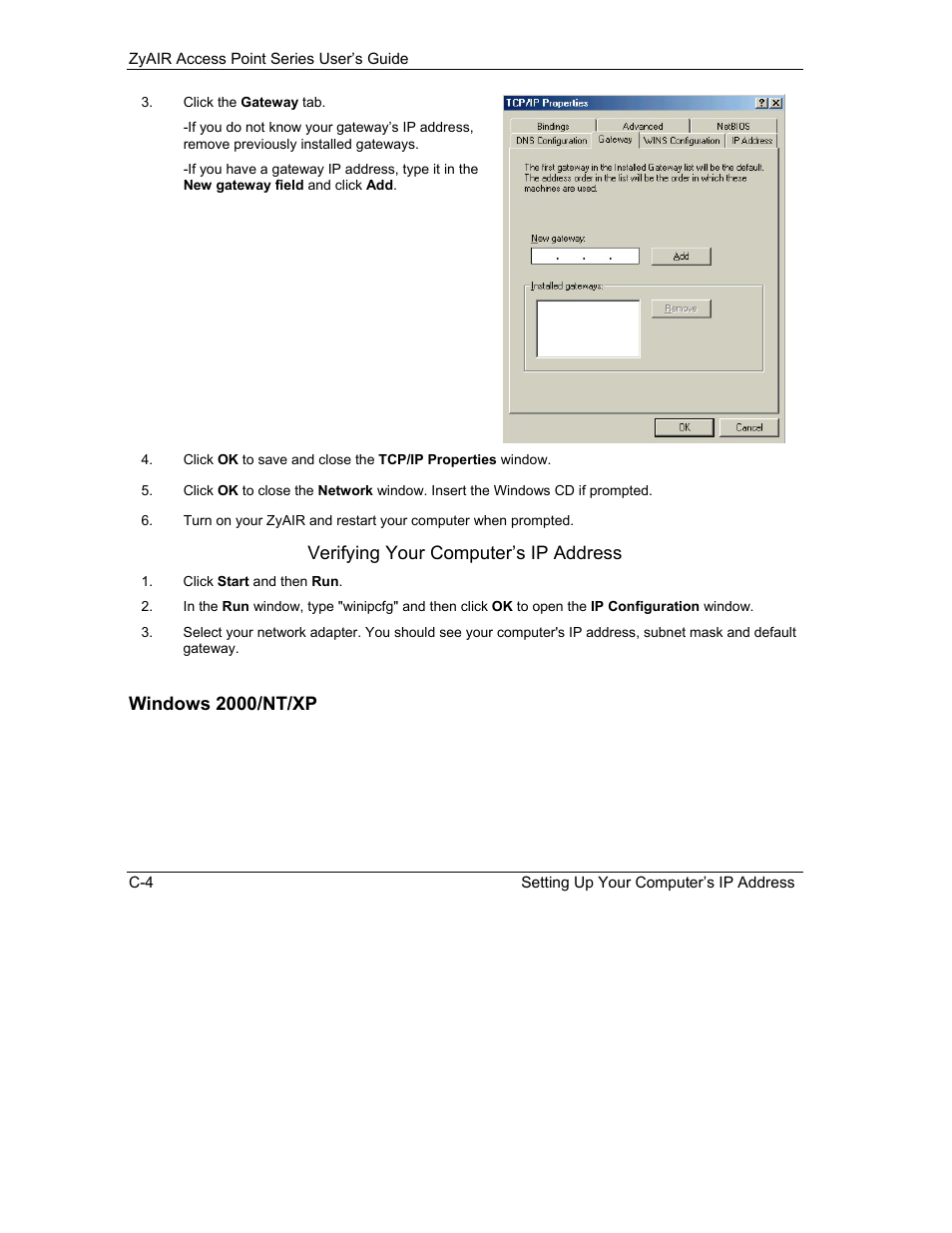 Windows 2000/nt/xp, Verifying your computer’s ip address | ZyXEL Communications ZyXEL ZyAIR B-1000 User Manual | Page 182 / 231