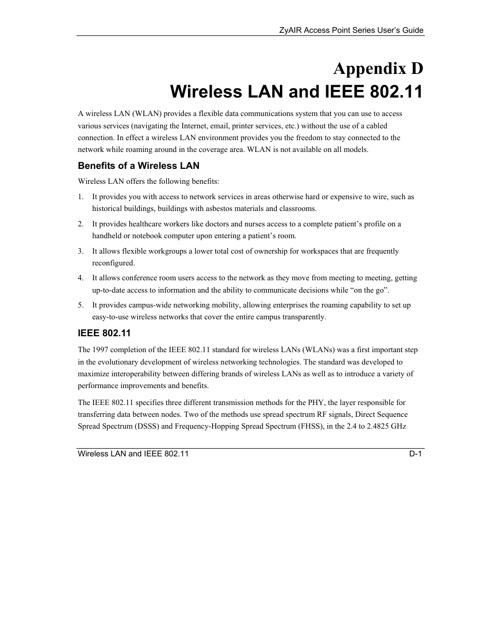 D. wireless lan and ieee 802.11, Benefits of a wireless lan, Ieee 802.11 | ZyXEL Communications ZyXEL ZyAIR B-1000 User Manual | Page 191 / 231