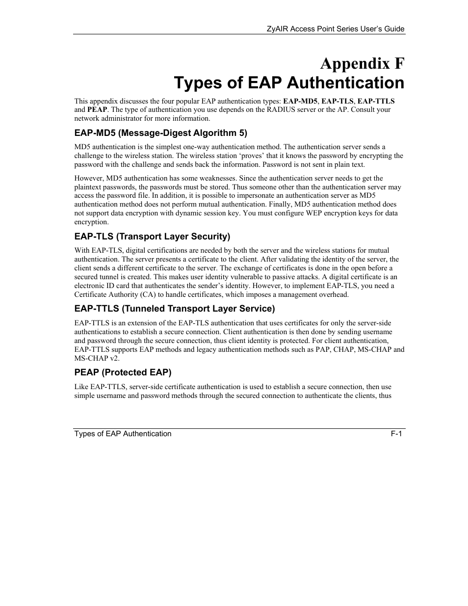 F. types of eap authentication, Eap-md5 (message-digest algorithm 5), Eap-tls (transport layer security) | Eap-ttls (tunneled transport layer service), Peap (protected eap), Appendix f types of eap authentication | ZyXEL Communications ZyXEL ZyAIR B-1000 User Manual | Page 197 / 231