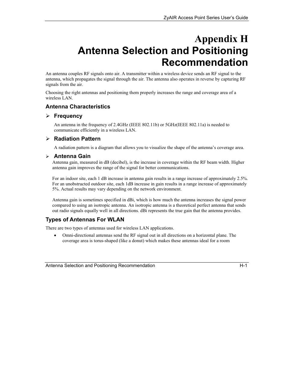 Antenna characteristics, Types of antennas for wlan | ZyXEL Communications ZyXEL ZyAIR B-1000 User Manual | Page 201 / 231