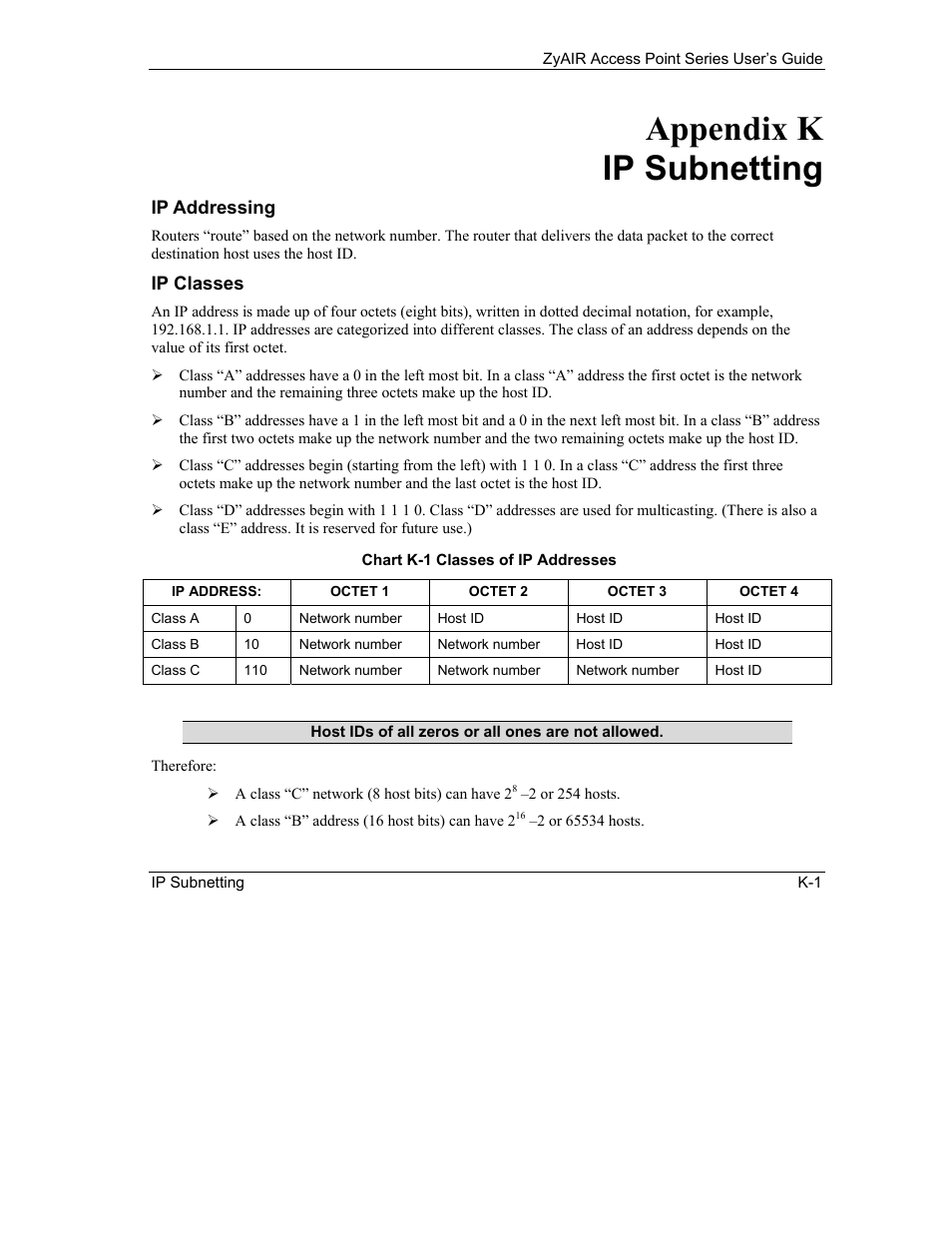 K. ip subnetting, Ip addressing, Ip classes | Appendix k ip subnetting | ZyXEL Communications ZyXEL ZyAIR B-1000 User Manual | Page 209 / 231