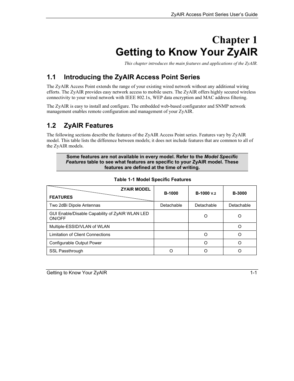 Getting to know your zyair, Introducing the zyair access point series, Zyair features | Chapter 1 getting to know your zyair, 1 introducing the zyair access point series, 2 zyair features | ZyXEL Communications ZyXEL ZyAIR B-1000 User Manual | Page 21 / 231