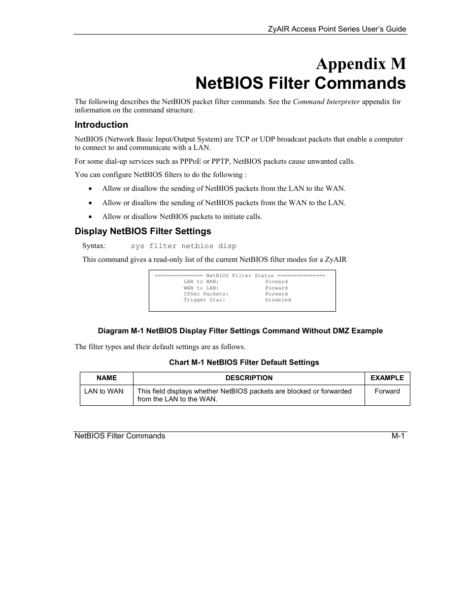 M. netbios filter commands, Introduction, Display netbios filter settings | Appendix m netbios filter commands | ZyXEL Communications ZyXEL ZyAIR B-1000 User Manual | Page 219 / 231