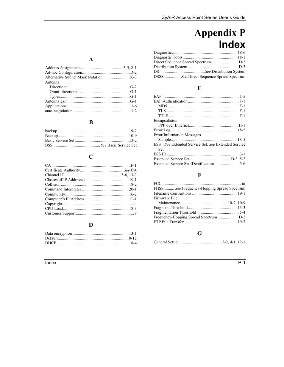 P. index, Appendix p index | ZyXEL Communications ZyXEL ZyAIR B-1000 User Manual | Page 229 / 231