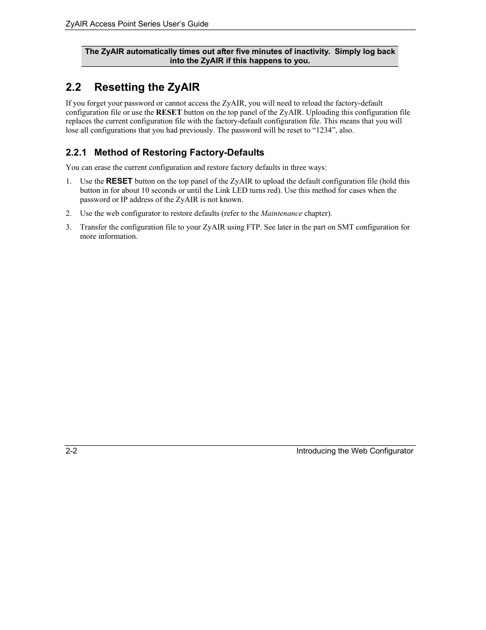 Resetting the zyair, 2 resetting the zyair | ZyXEL Communications ZyXEL ZyAIR B-1000 User Manual | Page 30 / 231