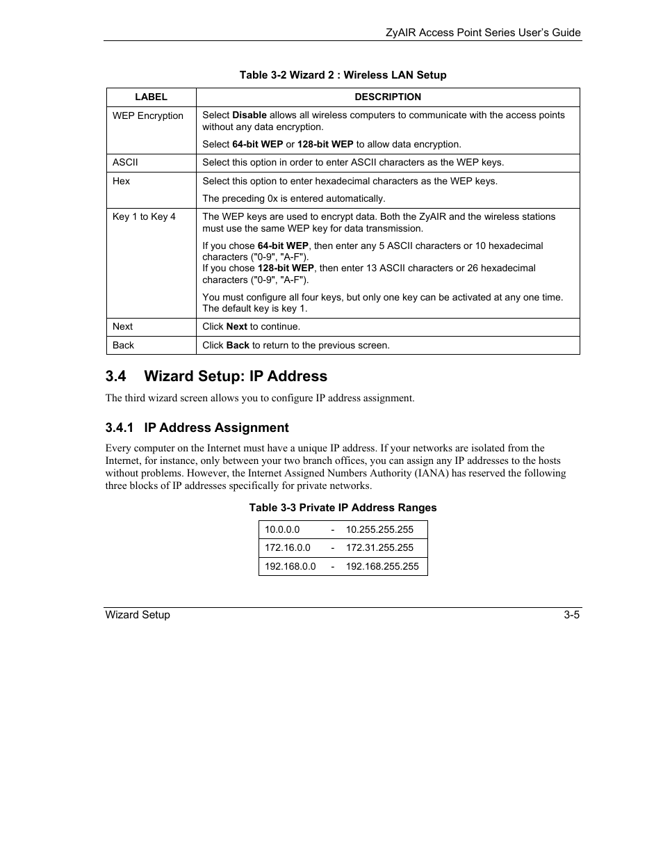 Wizard setup: ip address, 4 wizard setup: ip address | ZyXEL Communications ZyXEL ZyAIR B-1000 User Manual | Page 37 / 231