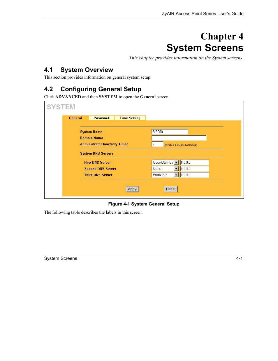 System screens, System overview, Configuring general setup | Chapter 4 system screens | ZyXEL Communications ZyXEL ZyAIR B-1000 User Manual | Page 45 / 231