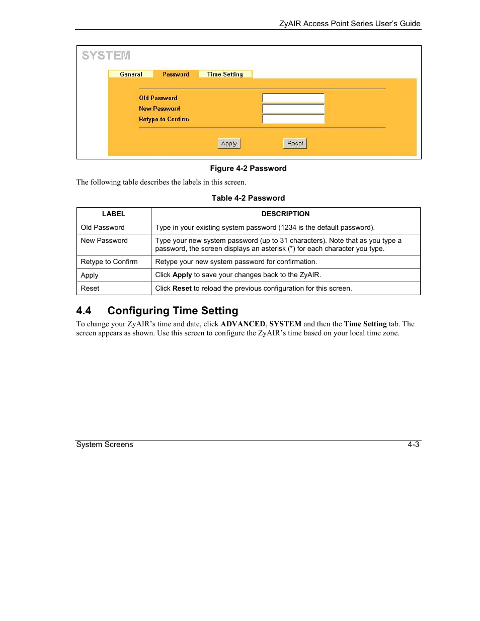 Configuring time setting, 4 configuring time setting | ZyXEL Communications ZyXEL ZyAIR B-1000 User Manual | Page 47 / 231