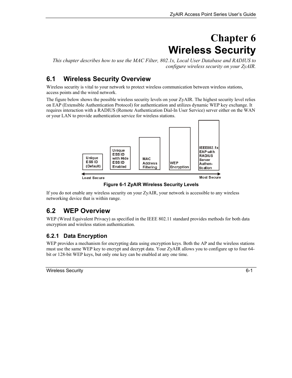 Wireless security, Wireless security overview, Wep overview | Chapter 6 wireless security | ZyXEL Communications ZyXEL ZyAIR B-1000 User Manual | Page 63 / 231