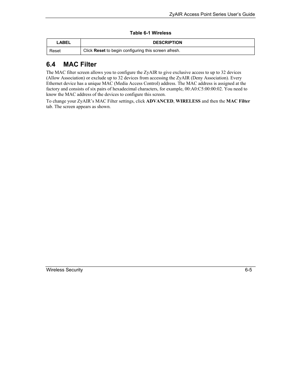 Mac filter, 4 mac filter | ZyXEL Communications ZyXEL ZyAIR B-1000 User Manual | Page 67 / 231