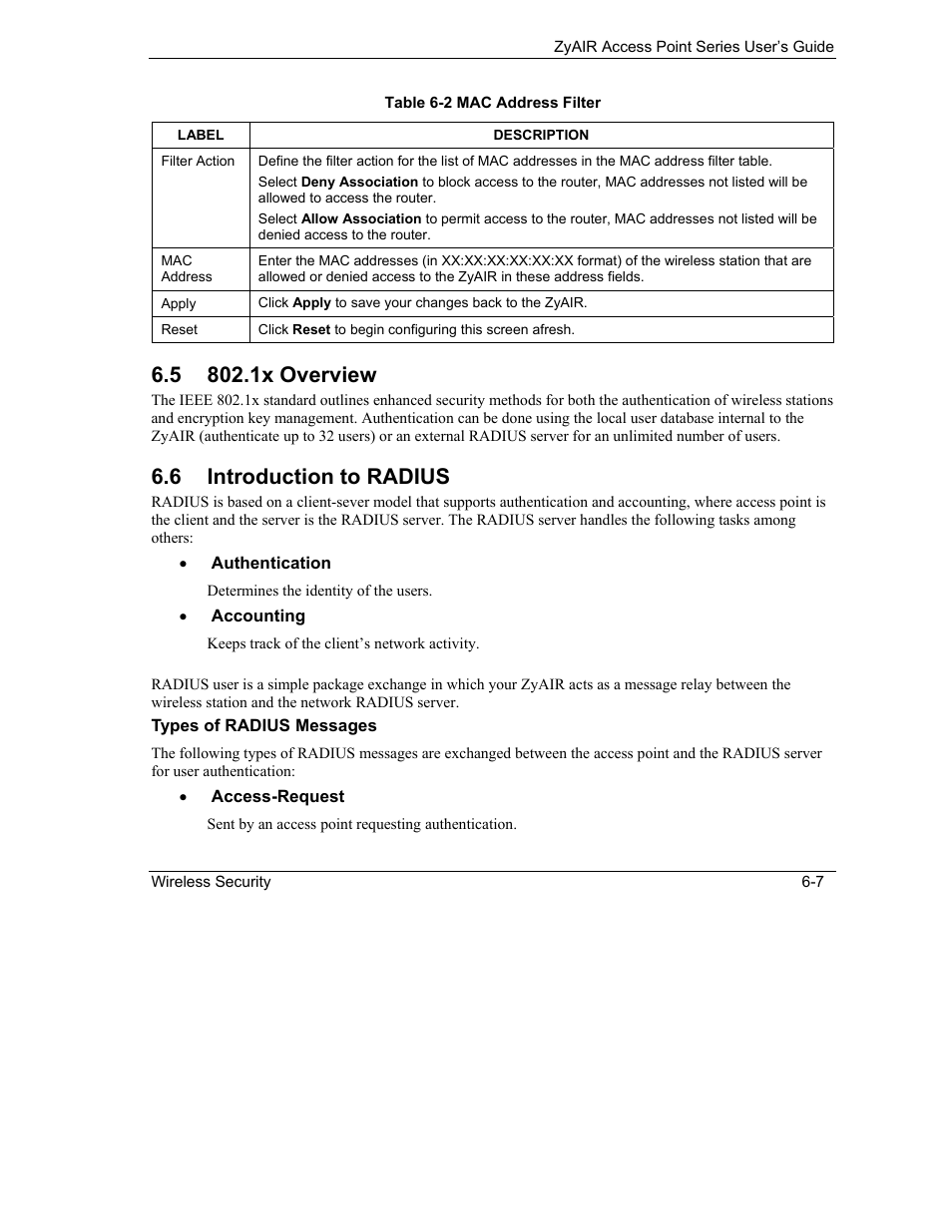 1x overview, Introduction to radius, 6 introduction to radius | ZyXEL Communications ZyXEL ZyAIR B-1000 User Manual | Page 69 / 231