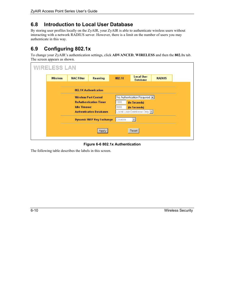 Introduction to local user database, Configuring 802.1x, 8 introduction to local user database | ZyXEL Communications ZyXEL ZyAIR B-1000 User Manual | Page 72 / 231