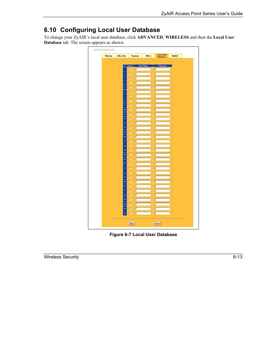 Configuring local user database, 10 configuring local user database | ZyXEL Communications ZyXEL ZyAIR B-1000 User Manual | Page 75 / 231