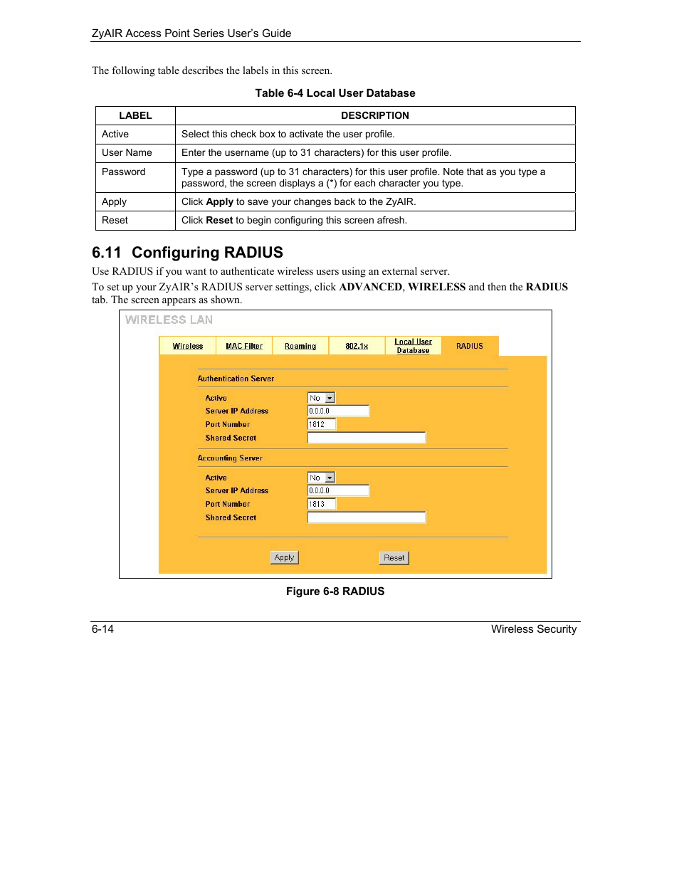 Configuring radius, 11 configuring radius | ZyXEL Communications ZyXEL ZyAIR B-1000 User Manual | Page 76 / 231