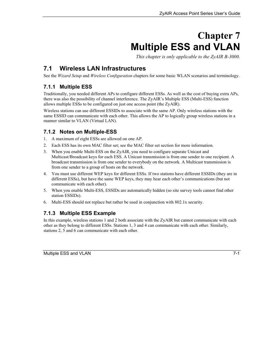 Multiple ess and vlan, Wireless lan infrastructures, Chapter 7 multiple ess and vlan | 1 wireless lan infrastructures | ZyXEL Communications ZyXEL ZyAIR B-1000 User Manual | Page 79 / 231