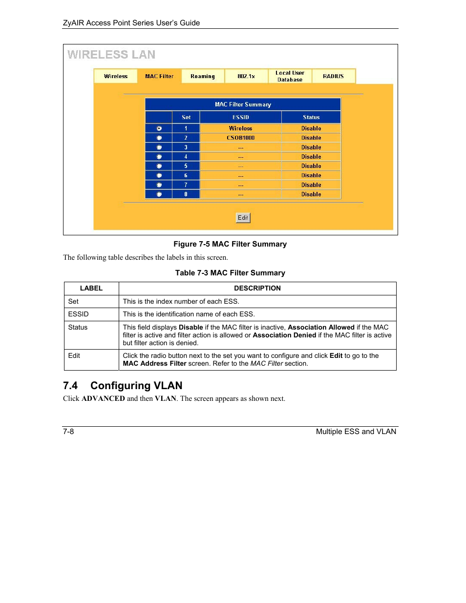 Configuring vlan, 4 configuring vlan | ZyXEL Communications ZyXEL ZyAIR B-1000 User Manual | Page 86 / 231