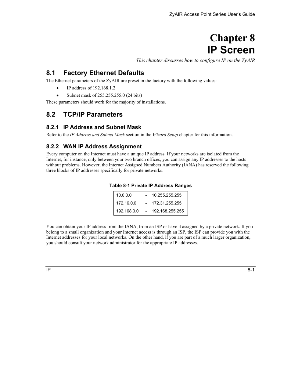 Ip screen, Factory ethernet defaults, Tcp/ip parameters | Chapter 8 ip screen, 1 factory ethernet defaults, 2 tcp/ip parameters | ZyXEL Communications ZyXEL ZyAIR B-1000 User Manual | Page 89 / 231