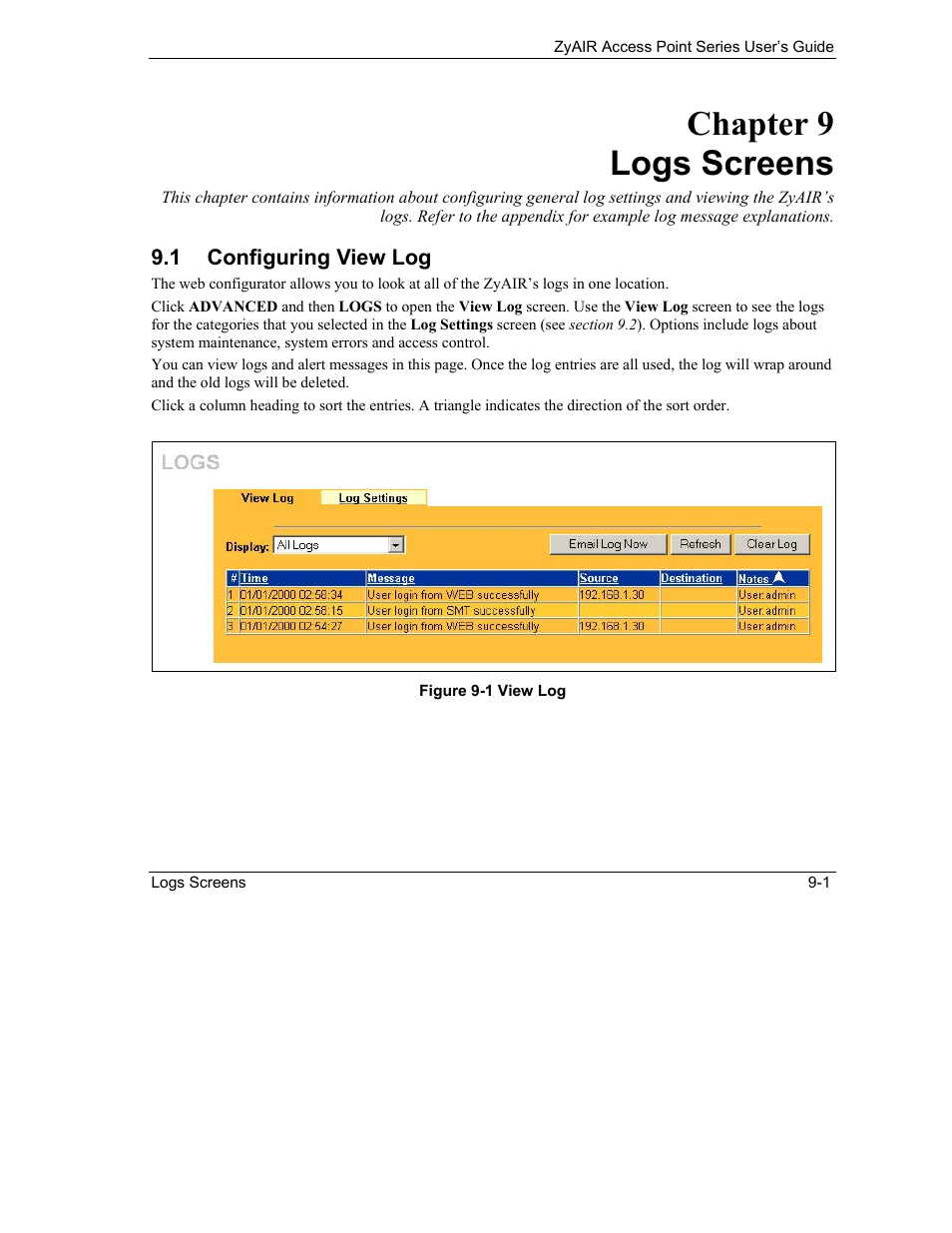 Logs screens, Configuring view log, Chapter 9 logs screens | ZyXEL Communications ZyXEL ZyAIR B-1000 User Manual | Page 94 / 231