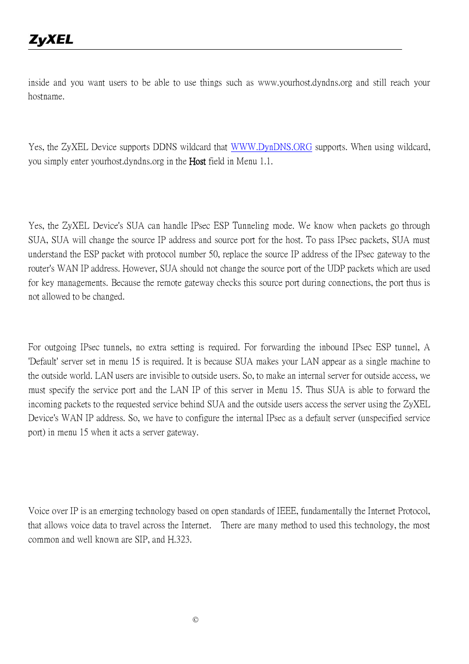 Does the zyxel device support ddns wildcard, Gateway behind zyxel device, Voip faq | What is voice over ip | ZyXEL Communications P-2302R-P1 User Manual | Page 112 / 146