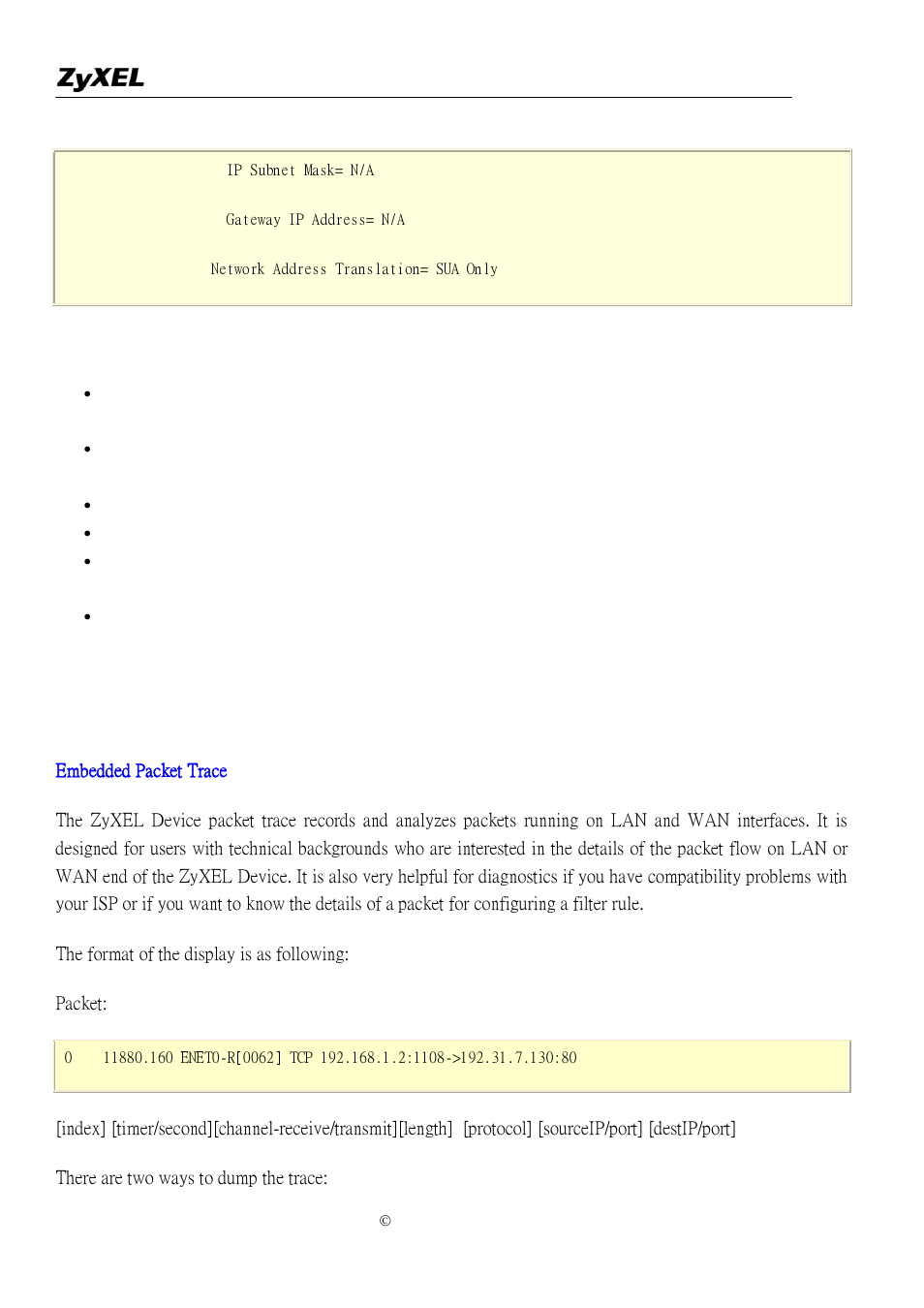 Using embedded packet trace | ZyXEL Communications P-2302R-P1 User Manual | Page 120 / 146