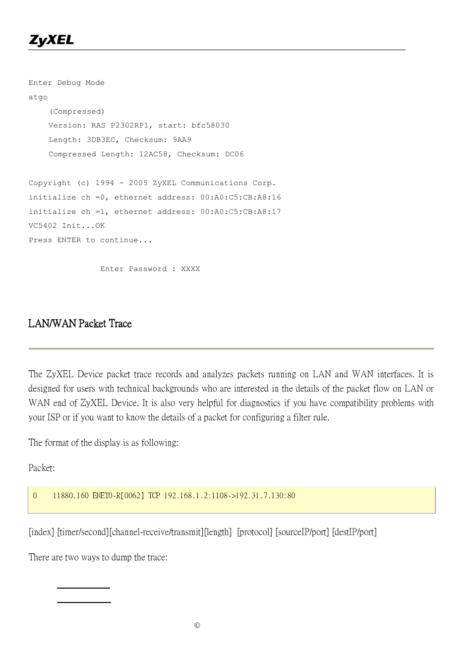 Lan/wan packet trace | ZyXEL Communications P-2302R-P1 User Manual | Page 138 / 146