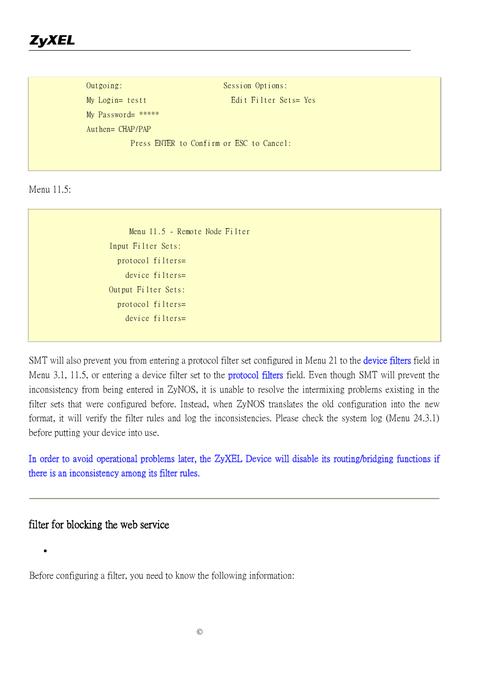 Filter for blocking the web service | ZyXEL Communications P-2302R-P1 User Manual | Page 23 / 146