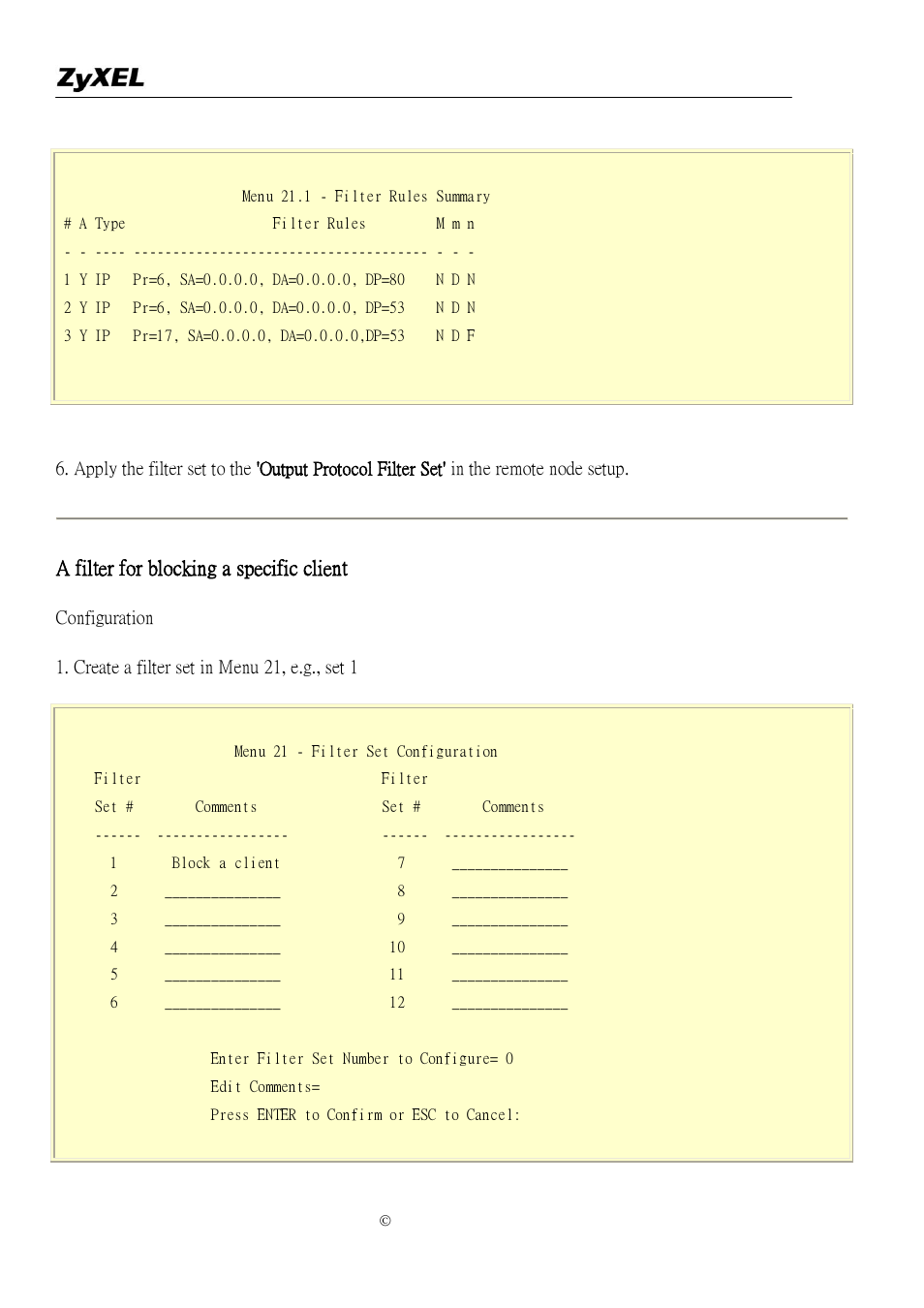 A filter for blocking a specific client | ZyXEL Communications P-2302R-P1 User Manual | Page 27 / 146