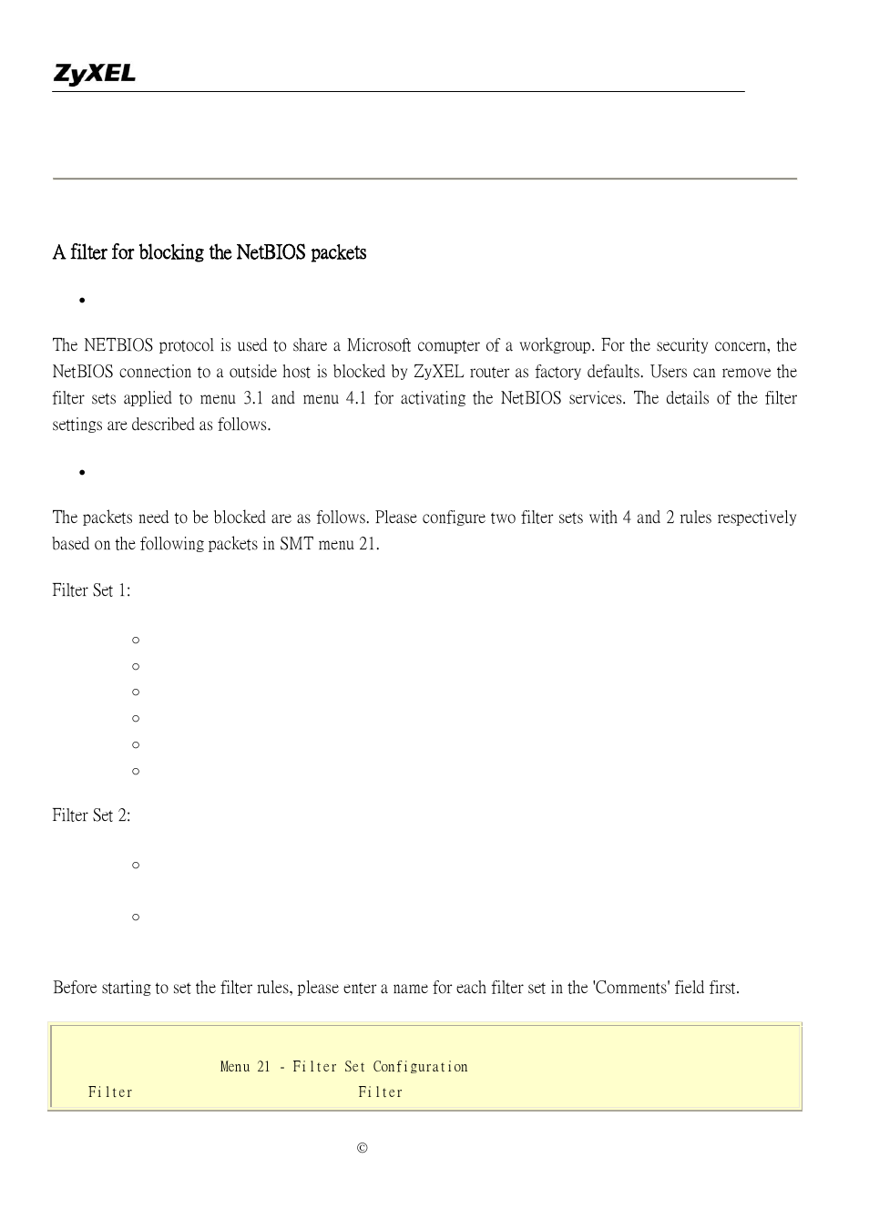 A filter for blocking the netbios packets | ZyXEL Communications P-2302R-P1 User Manual | Page 33 / 146