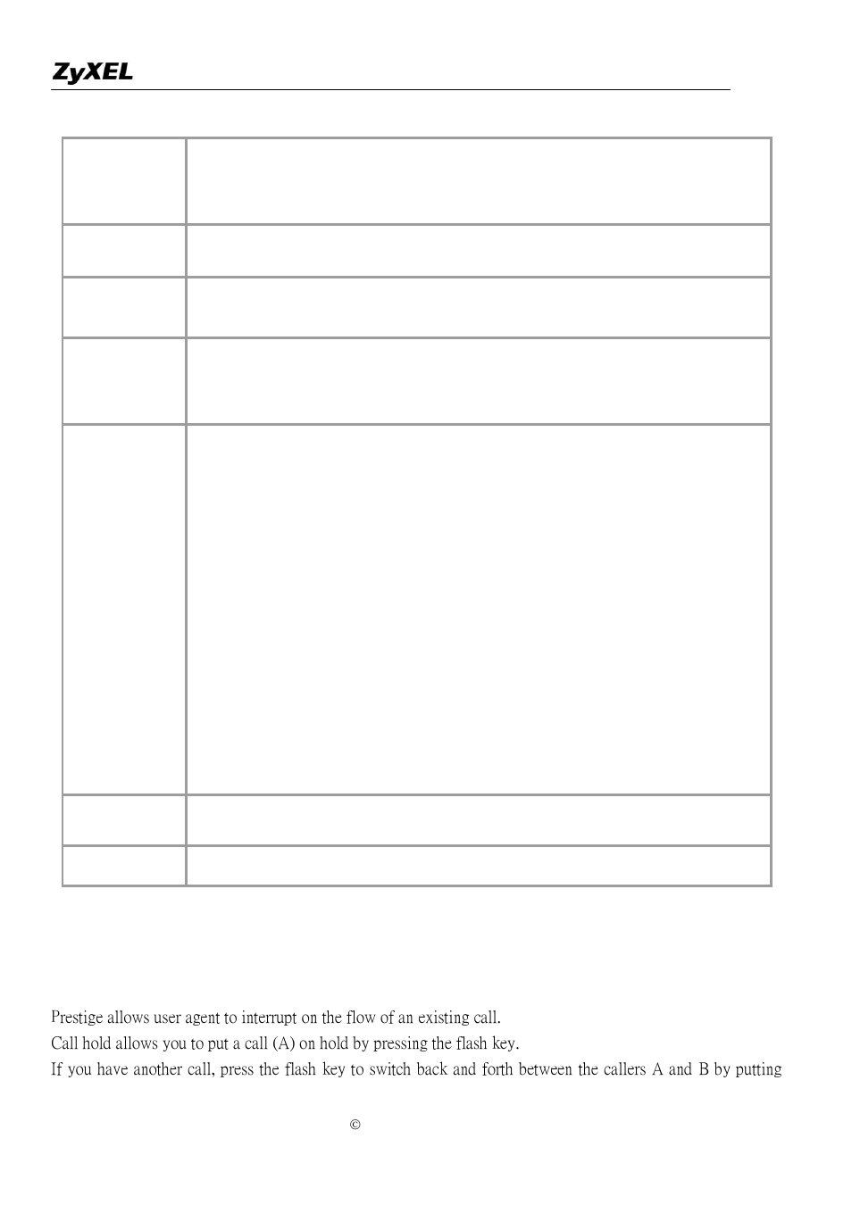 Call hold | ZyXEL Communications P-2302R-P1 User Manual | Page 84 / 146