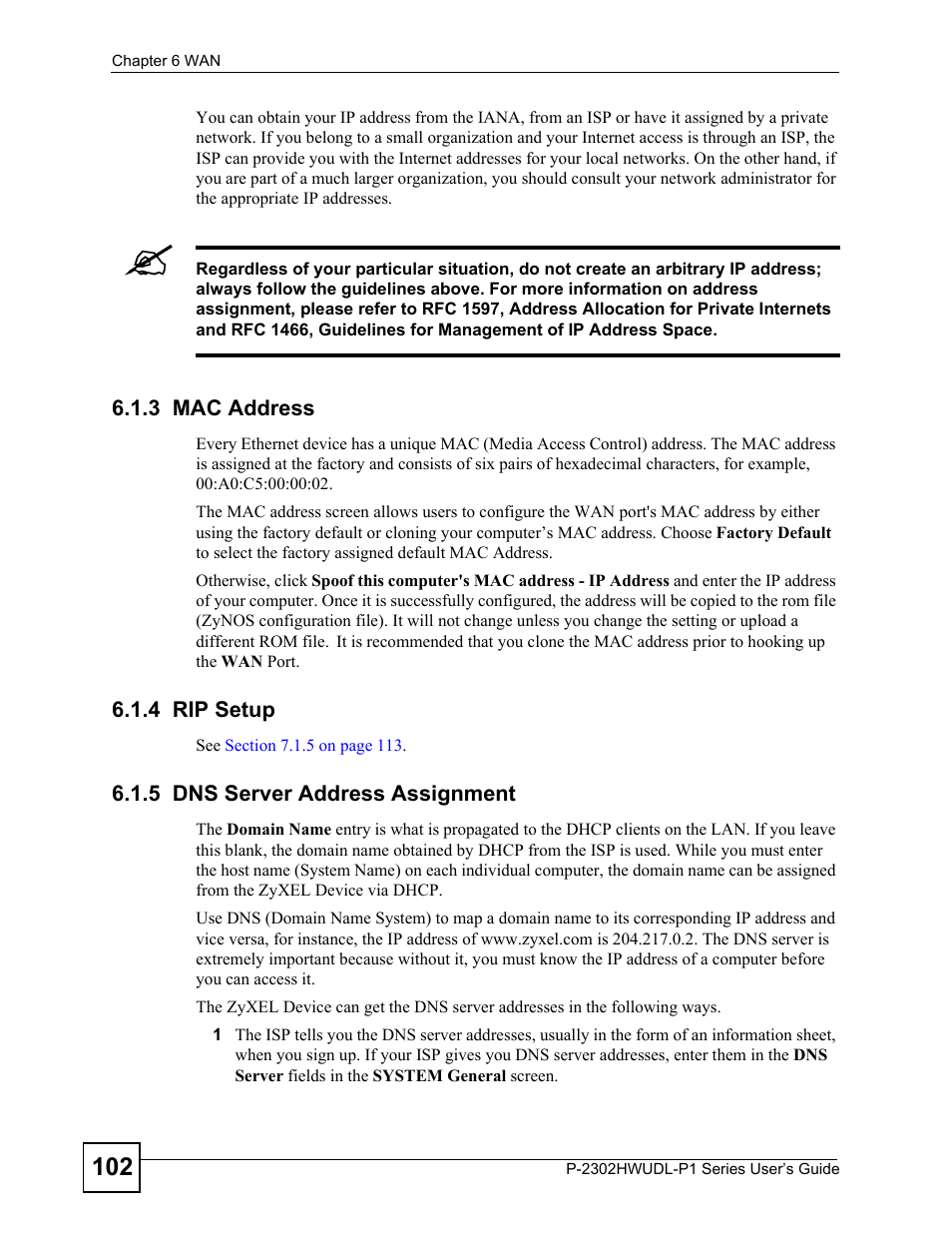 3 mac address, 4 rip setup, 5 dns server address assignment | ZyXEL Communications P-2302HWUDL-P1 Series User Manual | Page 102 / 368