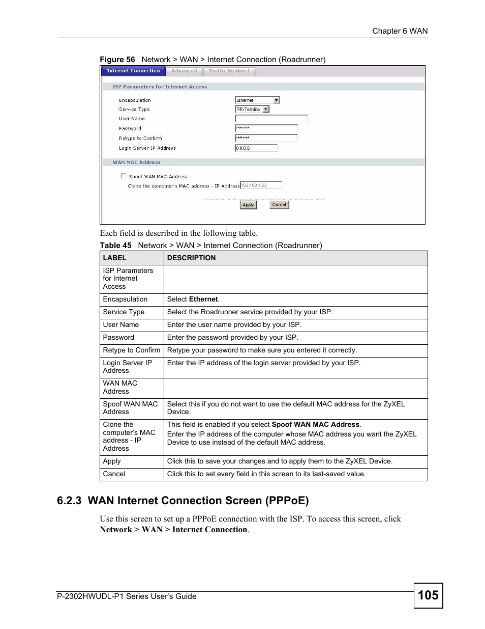 3 wan internet connection screen (pppoe) | ZyXEL Communications P-2302HWUDL-P1 Series User Manual | Page 105 / 368
