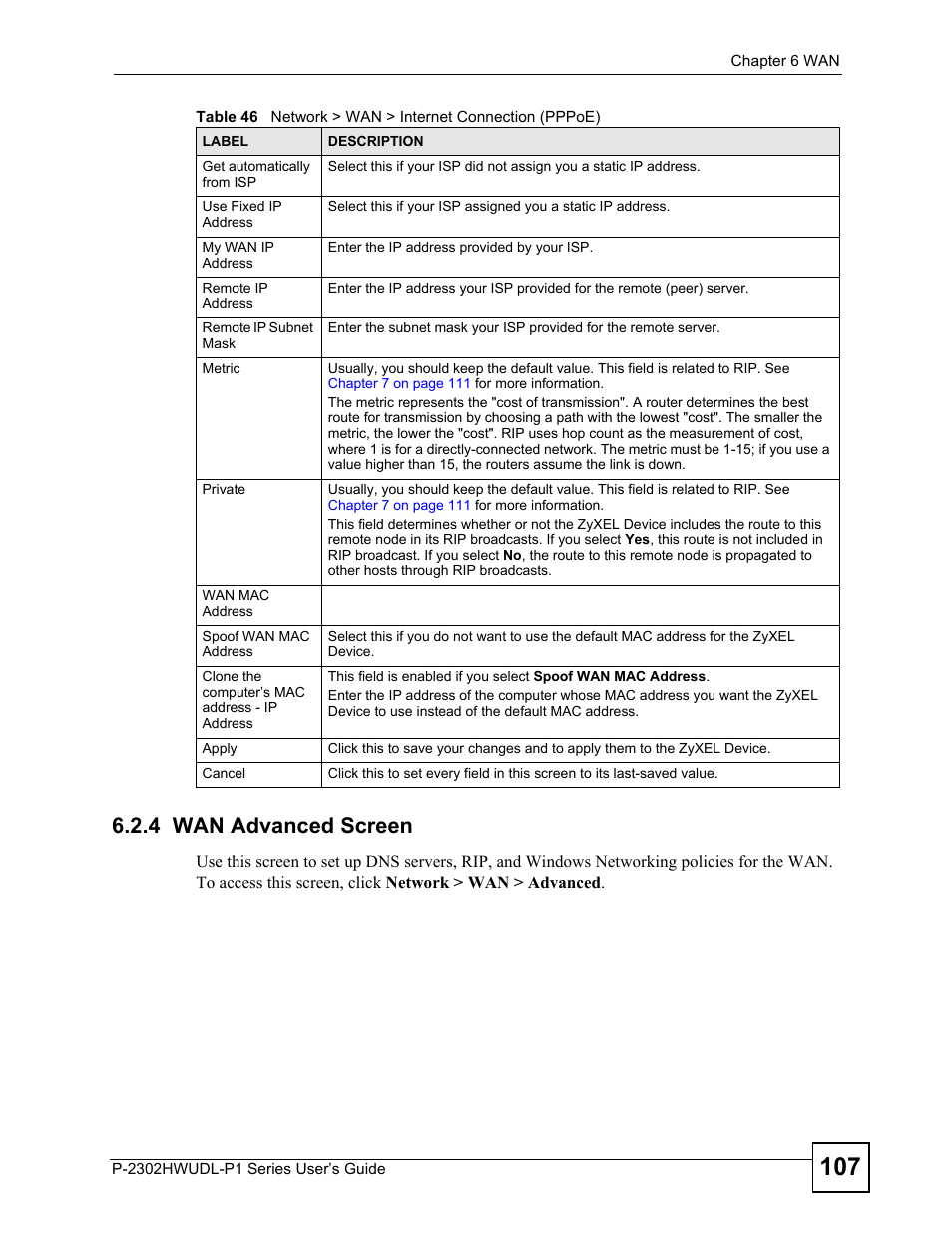 4 wan advanced screen | ZyXEL Communications P-2302HWUDL-P1 Series User Manual | Page 107 / 368