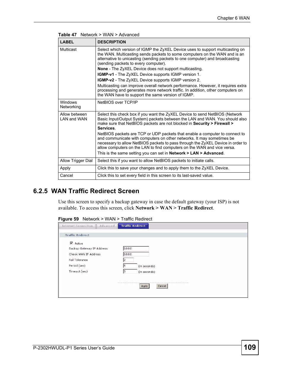 5 wan traffic redirect screen, Figure 59 network > wan > traffic redirect | ZyXEL Communications P-2302HWUDL-P1 Series User Manual | Page 109 / 368