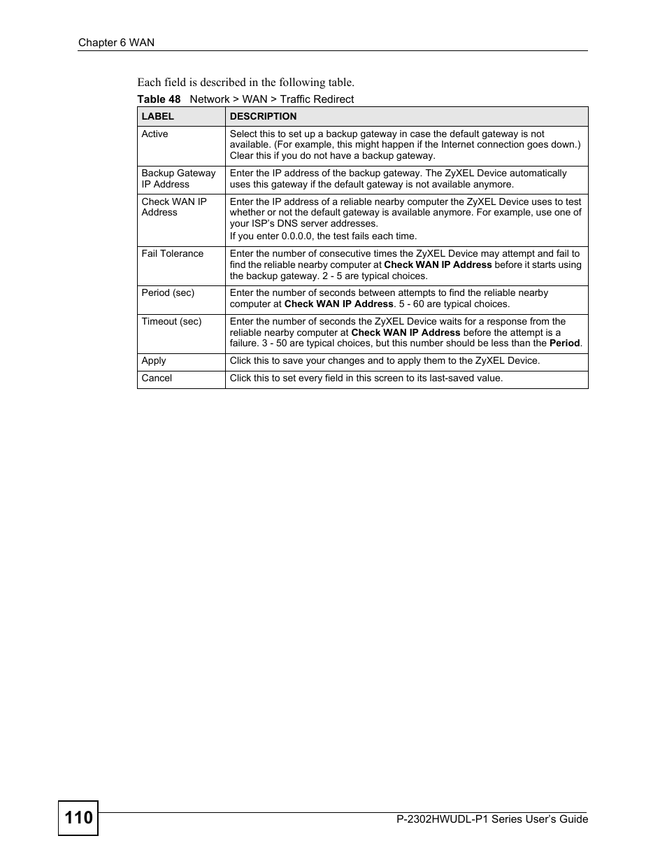 Table 48 network > wan > traffic redirect | ZyXEL Communications P-2302HWUDL-P1 Series User Manual | Page 110 / 368