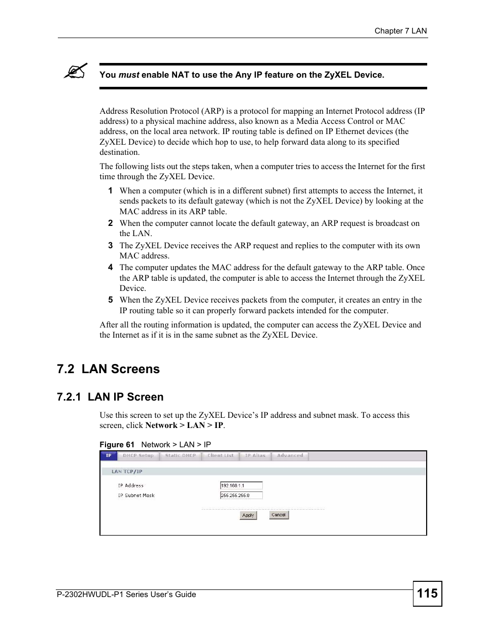 2 lan screens, 1 lan ip screen, Figure 61 network > lan > ip | ZyXEL Communications P-2302HWUDL-P1 Series User Manual | Page 115 / 368