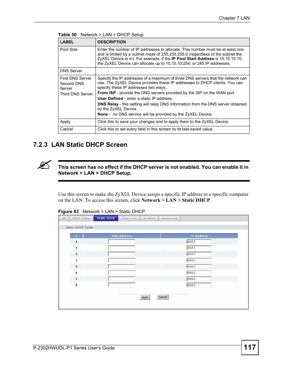 3 lan static dhcp screen, Figure 63 network > lan > static dhcp | ZyXEL Communications P-2302HWUDL-P1 Series User Manual | Page 117 / 368
