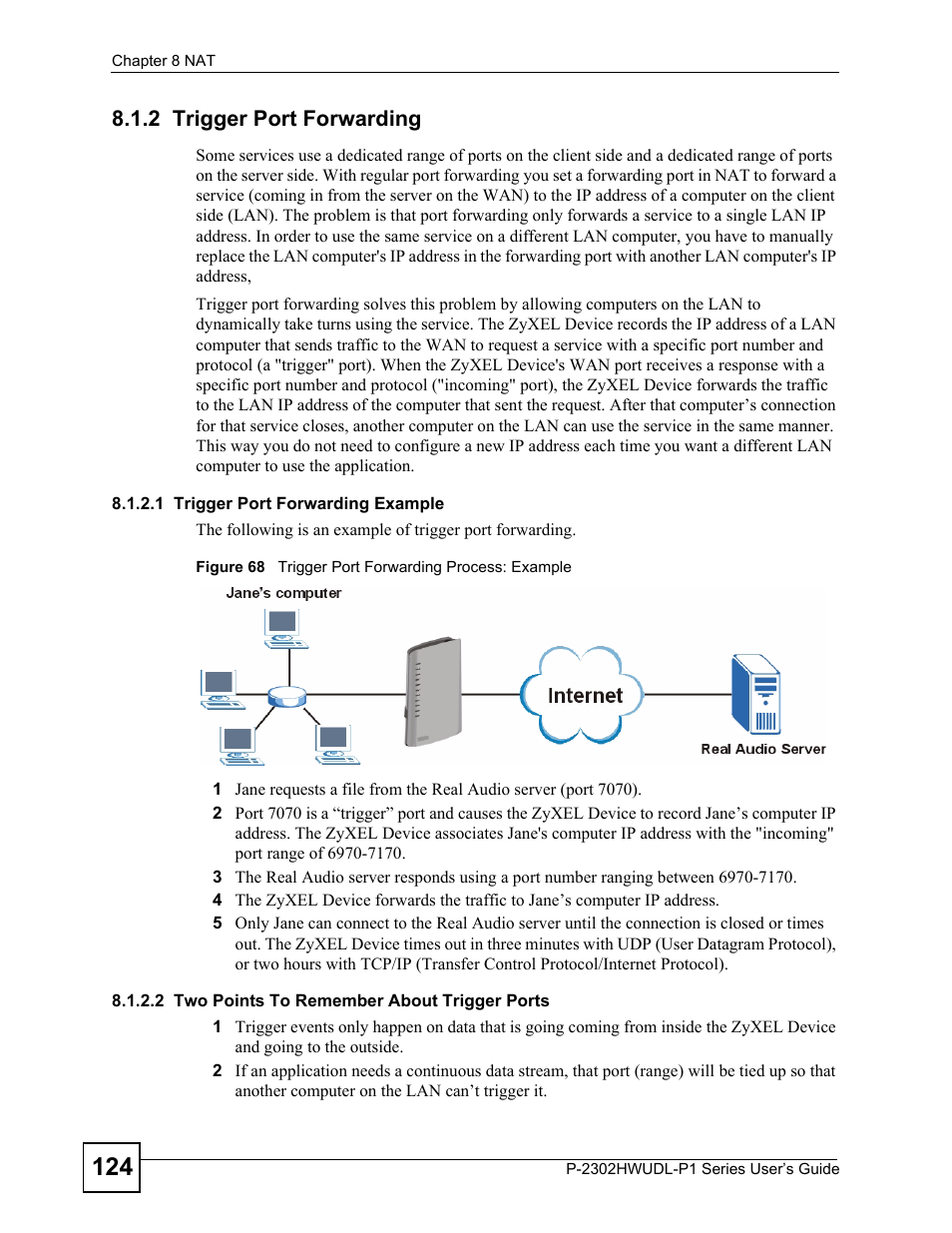 2 trigger port forwarding, Figure 68 trigger port forwarding process: example | ZyXEL Communications P-2302HWUDL-P1 Series User Manual | Page 124 / 368