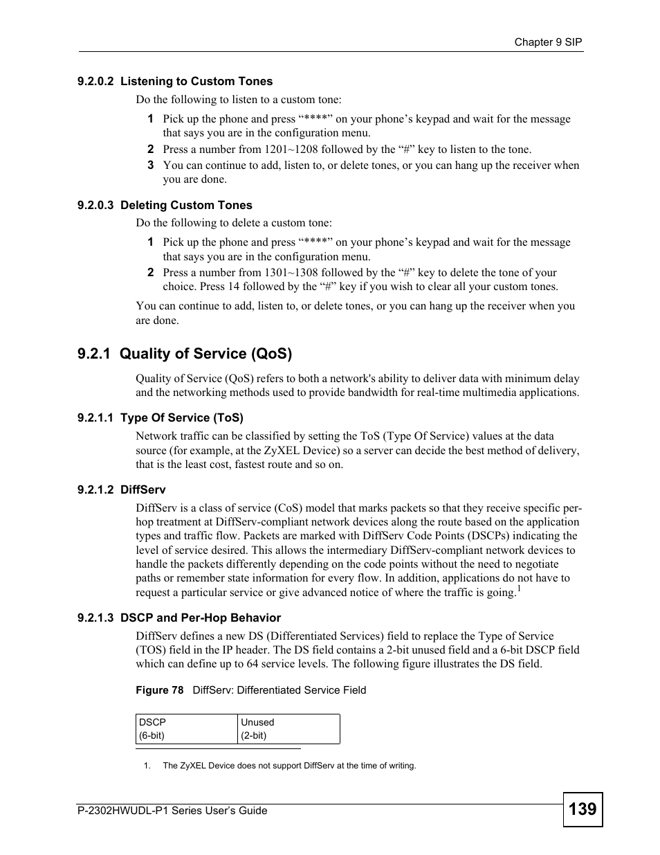 1 quality of service (qos), Figure 78 diffserv: differentiated service field | ZyXEL Communications P-2302HWUDL-P1 Series User Manual | Page 139 / 368