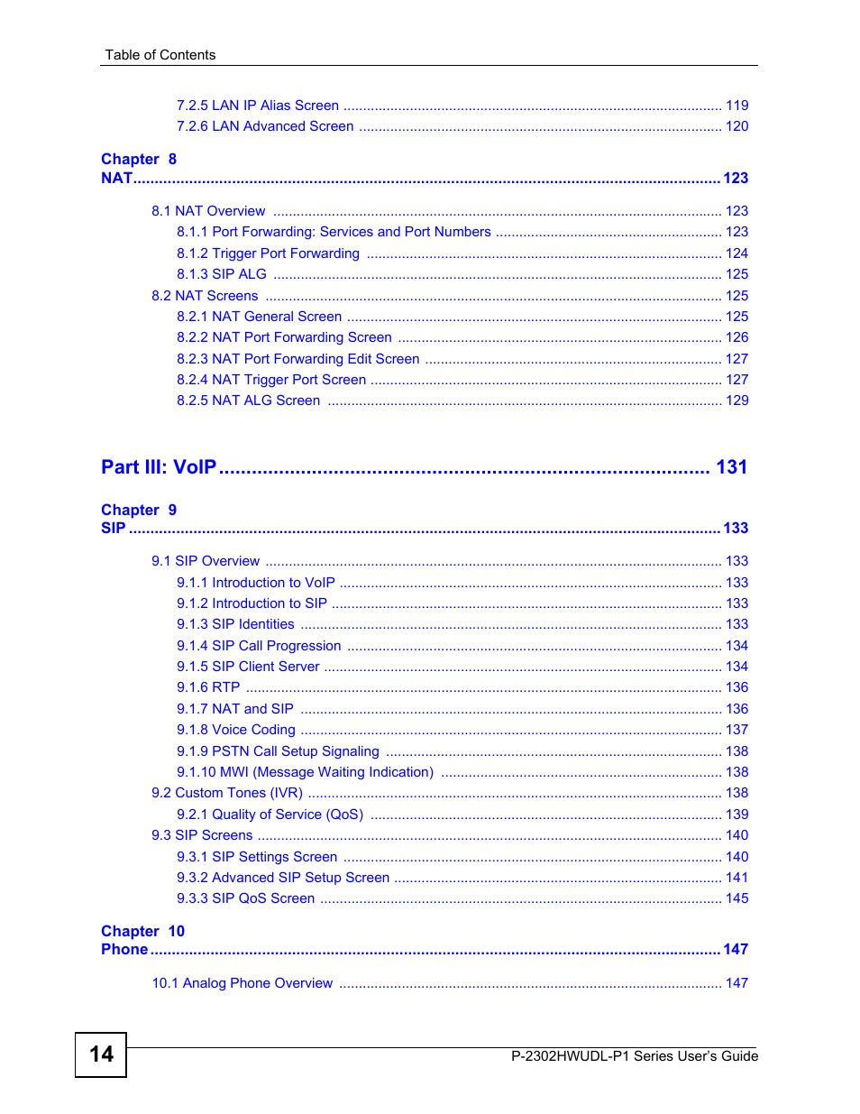 Part iii: voip | ZyXEL Communications P-2302HWUDL-P1 Series User Manual | Page 14 / 368