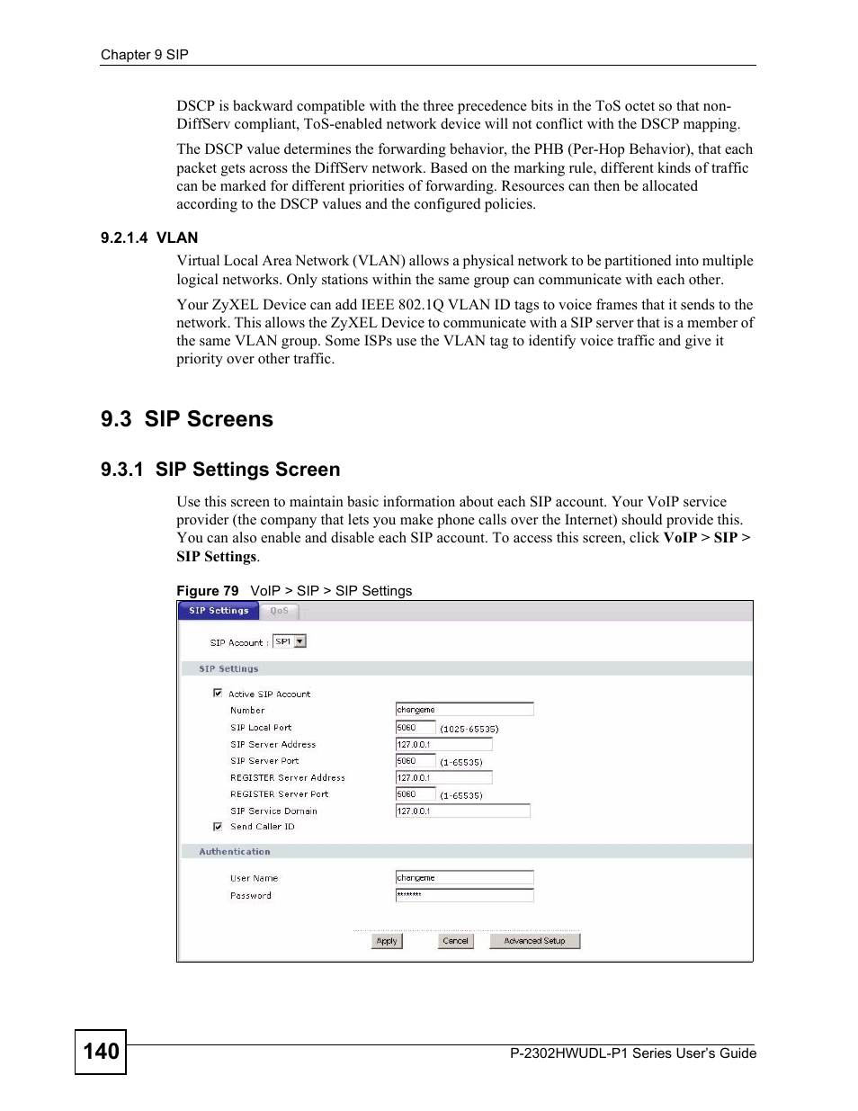3 sip screens, 1 sip settings screen, Figure 79 voip > sip > sip settings | ZyXEL Communications P-2302HWUDL-P1 Series User Manual | Page 140 / 368